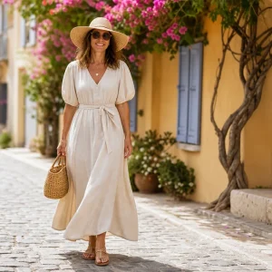 Femme en robe longue fluide en lin écru et chapeau de paille à larges bords marchant dans une rue ensoleillée du Sud de la France