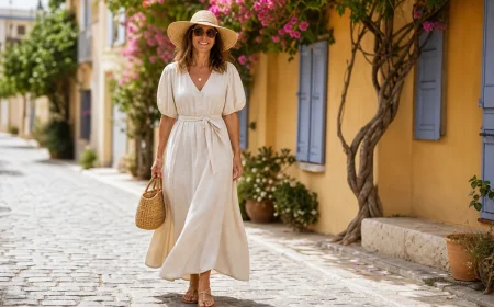 Femme en robe longue fluide en lin écru et chapeau de paille à larges bords marchant dans une rue ensoleillée du Sud de la France