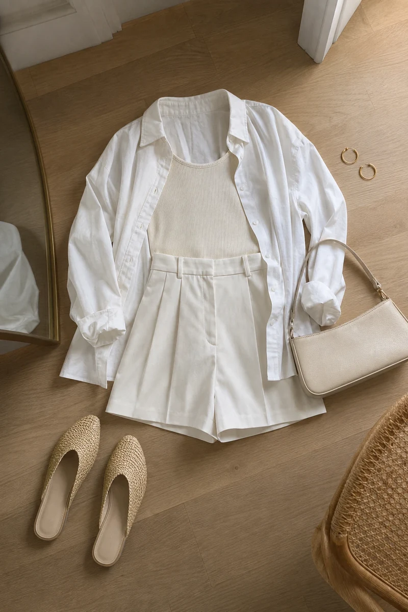 Tenue 2 : ensemble short et chemise oversize en coton blanc crémeux posé à plat avec mules en raphia
