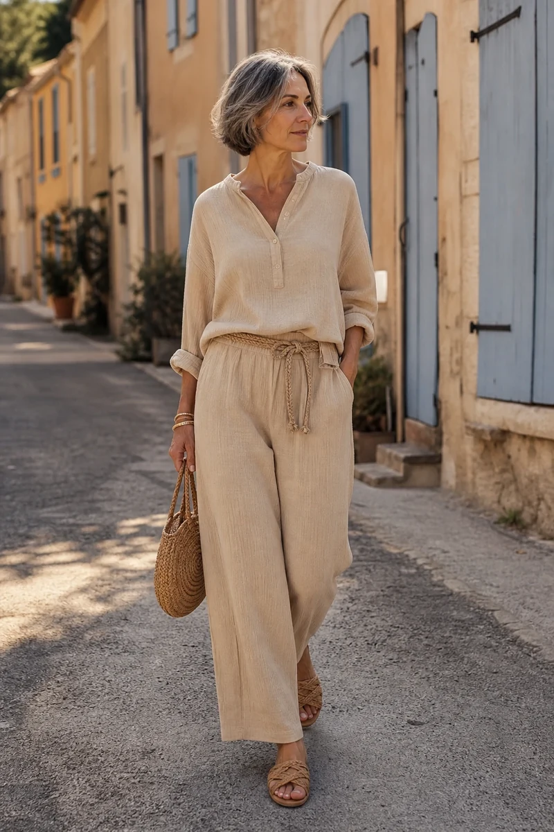 Tenue 9 : ensemble chemise et pantalon large en gaze de coton beige porté par une femme aux cheveux gris