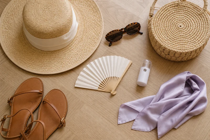 Accessoires anti-canicule à plat : chapeau de paille, lunettes écaille, sandales plates et brumisateur