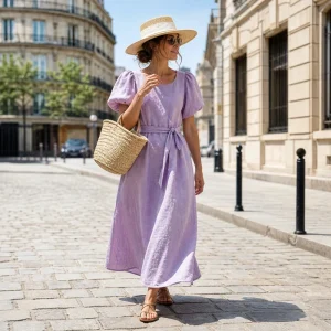 Femme en robe longue en lin lilas et chapeau de paille marchant dans une rue parisienne ensoleillée