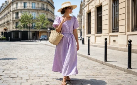 Femme en robe longue en lin lilas et chapeau de paille marchant dans une rue parisienne ensoleillée