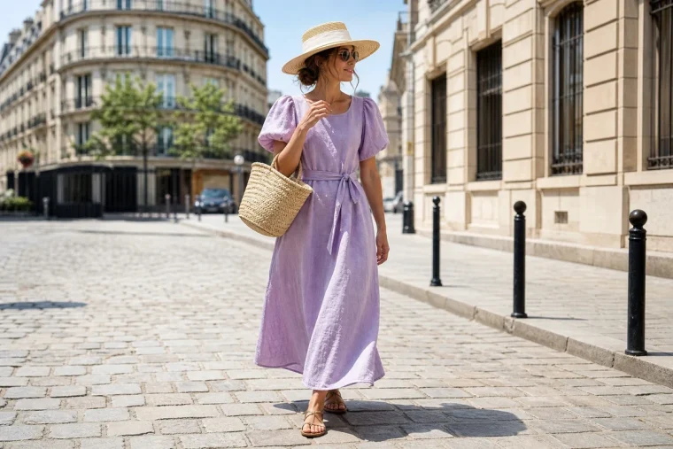 Femme en robe longue en lin lilas et chapeau de paille marchant dans une rue parisienne ensoleillée