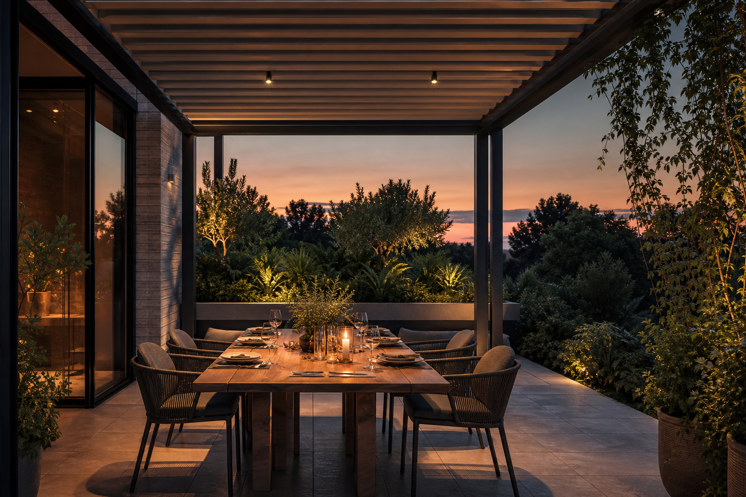 Coin repas sur une terrasse sous pergola bioclimatique en soirée d'été