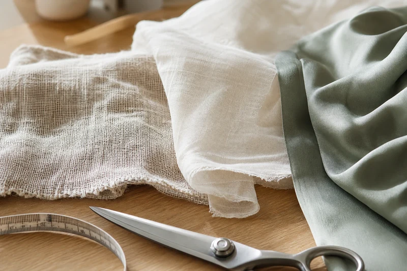 Comparaison rapprochée des trois tissus : lin, voile de coton bio, viscose fluide
