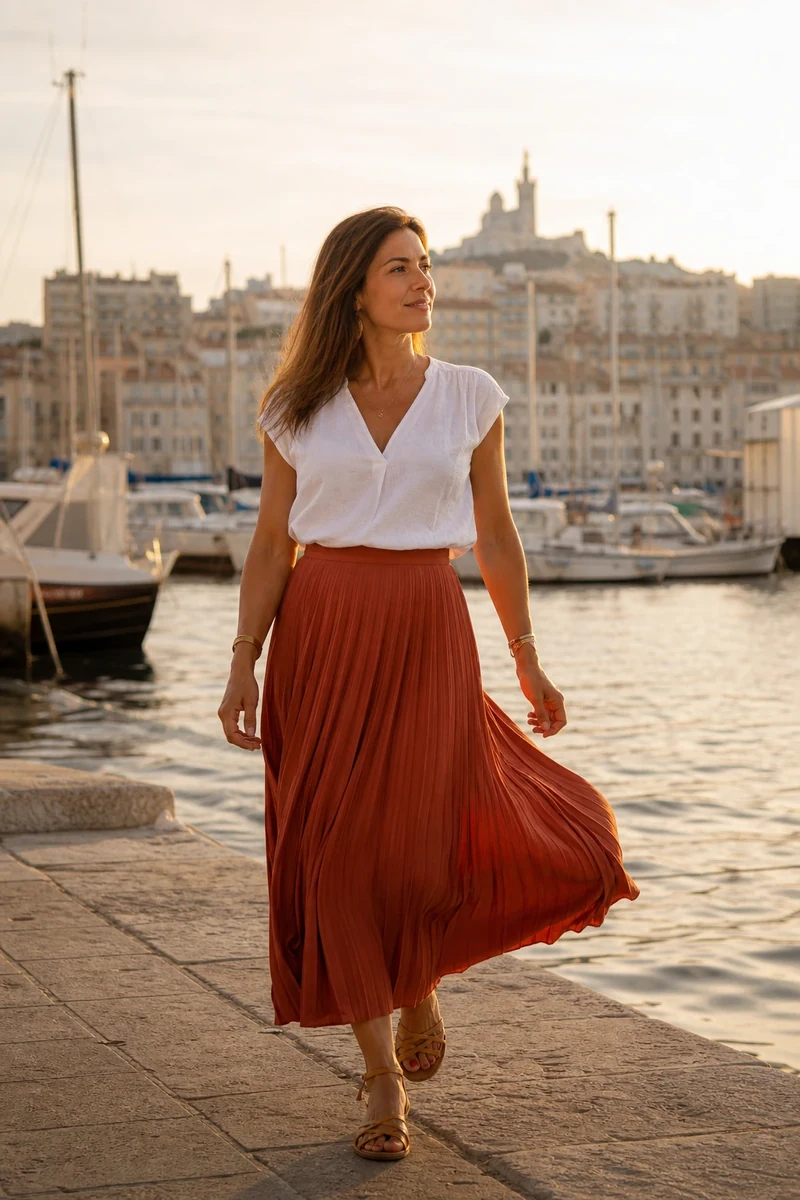Jupe en viscose fluide terracotta photographiée en mouvement au Vieux-Port de Marseille