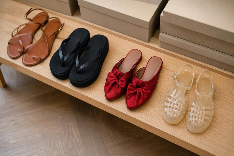 Sélection de tongs revisitées, sandales plates minimalistes et mules à nœud en boutique pour l'été 2026