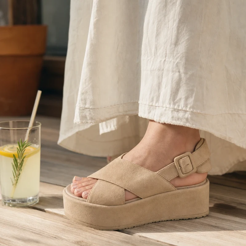 Sandale plate compensée beige sable, tendance plateforme été 2026
