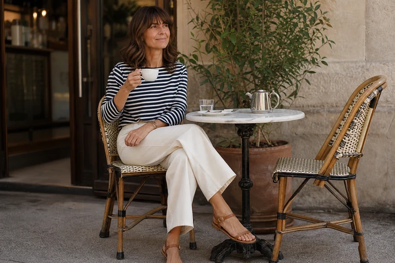 Femme en terrasse parisienne portant des sandales plates minimalistes, look décontracté été 2026