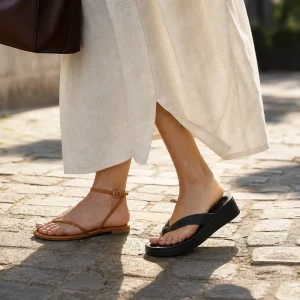 Femme portant une sandale plate à brides fines et une tong revisitée à plateforme, comparatif chaussures tendance été 2026