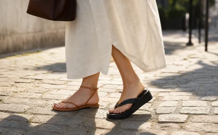 Femme portant une sandale plate à brides fines et une tong revisitée à plateforme, comparatif chaussures tendance été 2026