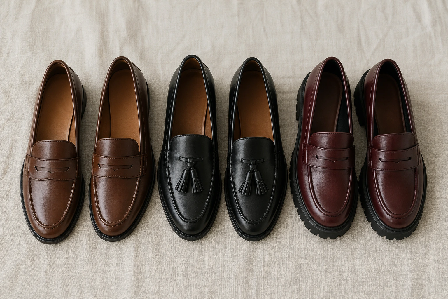 Différents types de mocassins femme alignés : penny, à pampilles et semelle crantée