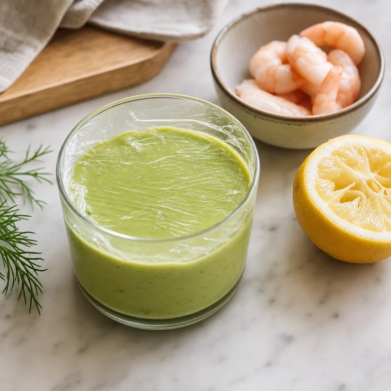 Verrine d'avocat protégée par un film alimentaire au contact direct pour éviter l'oxydation
