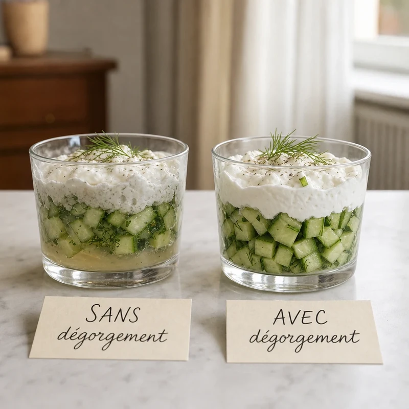 Deux verrines concombre-chèvre comparées : ratée avec flaque d'eau et réussie avec concombre dégorgé