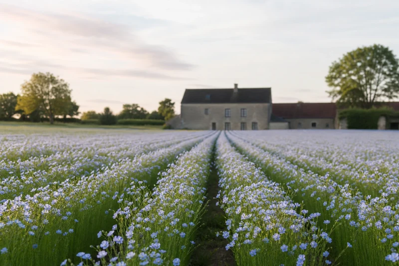 Champ de lin bleu en fleurs dans la campagne normande