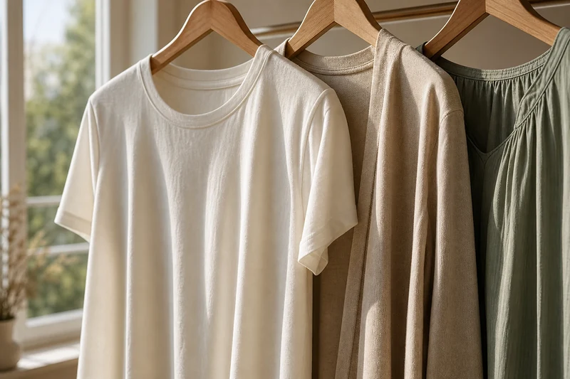 Trois hauts en coton bio lyocell et viscose sur cintres en bois