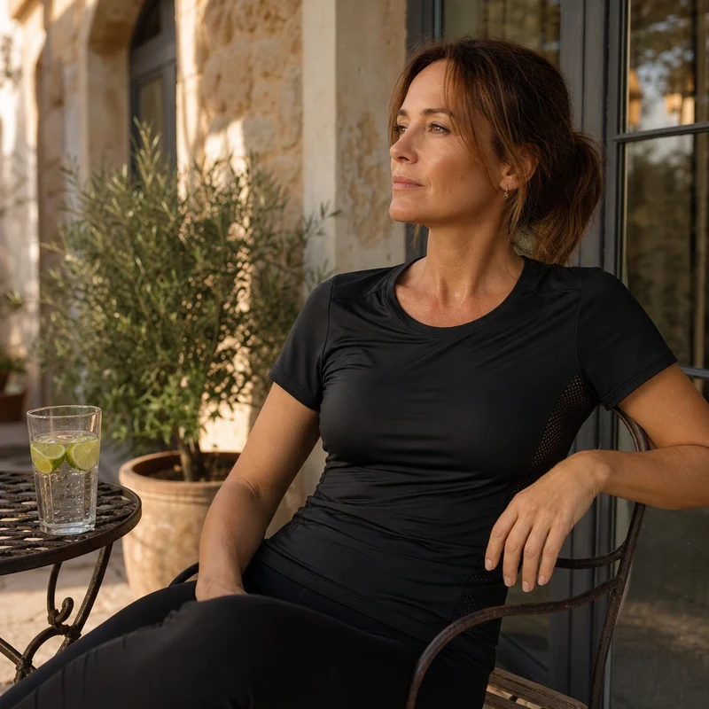 Femme en t-shirt polyester noir sur une terrasse par forte chaleur