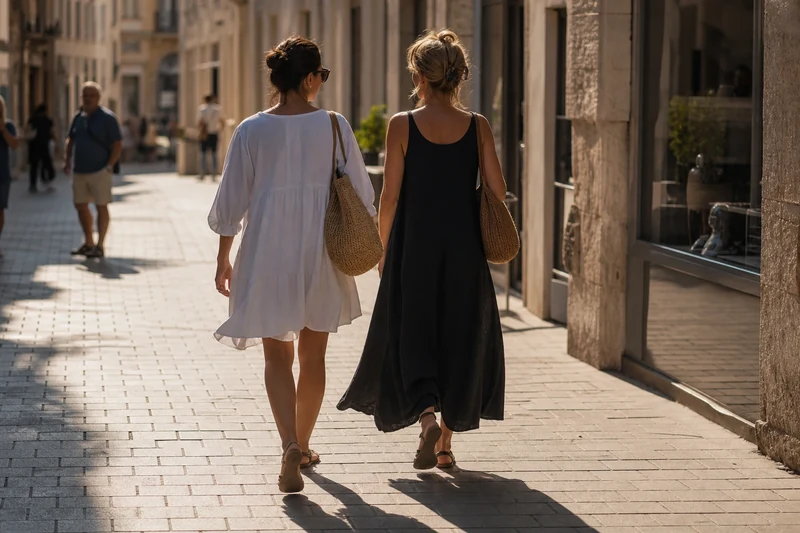 Deux femmes en robes claire et foncée sous le soleil estival