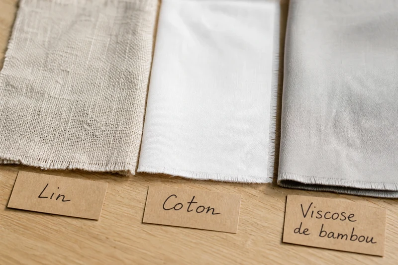 Comparaison rapprochée d'échantillons de tissu lin, coton et viscose de bambou