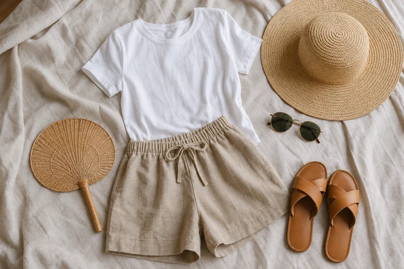 Tenue d'été à plat : t-shirt en coton bio, short en lin, chapeau de paille