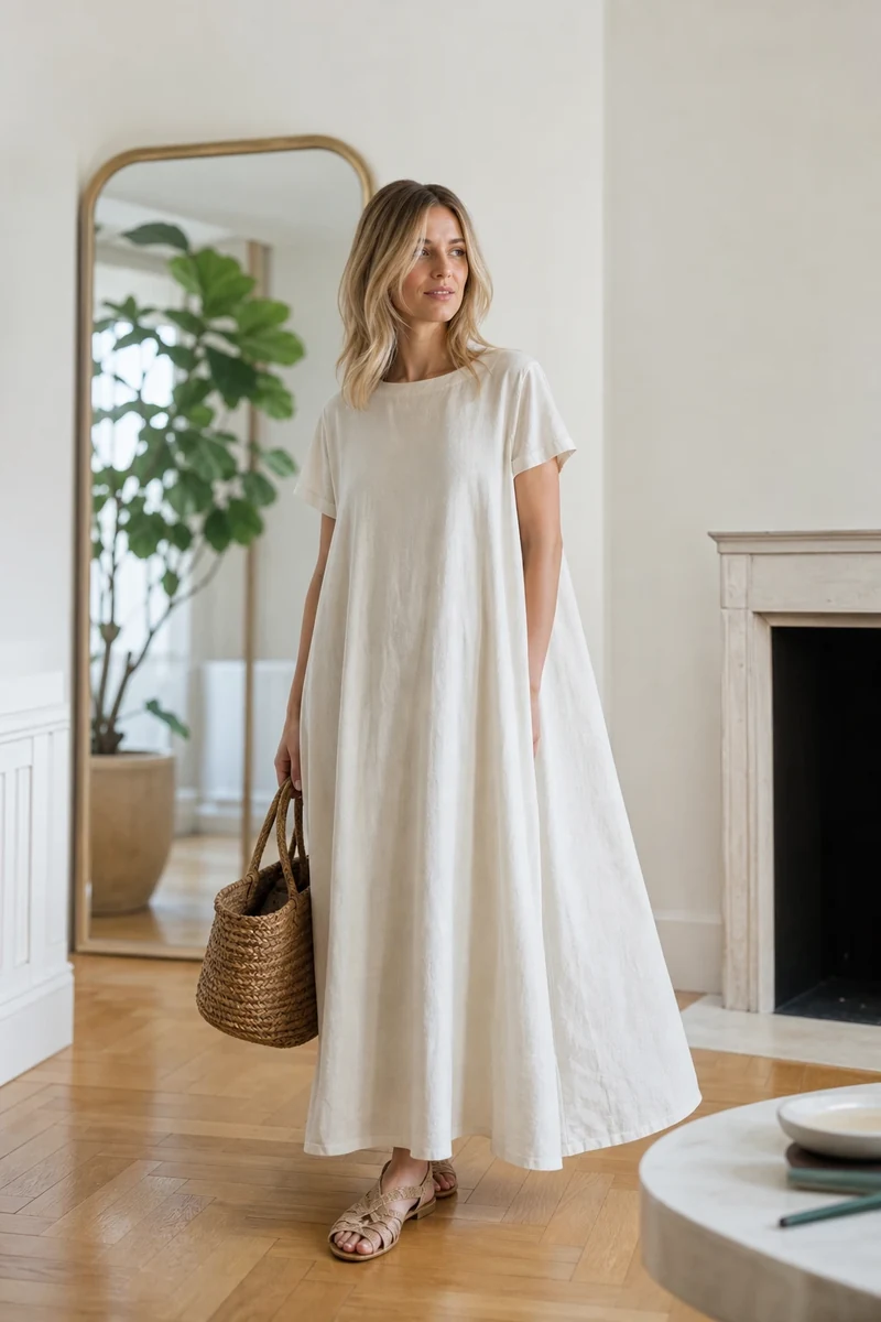 Femme portant une robe ample en lin blanc cassé en intérieur lumineux