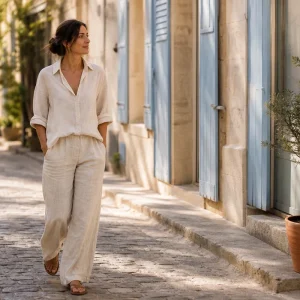 Femme en chemise et pantalon en lin écru marchant dans une rue ensoleillée