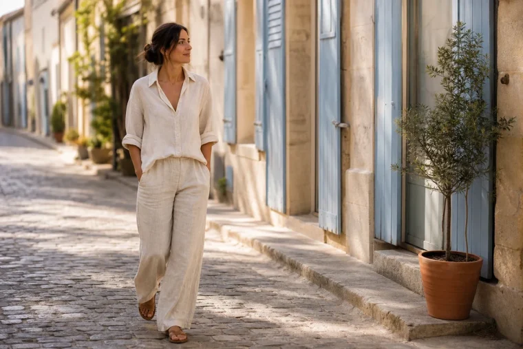 Femme en chemise et pantalon en lin écru marchant dans une rue ensoleillée