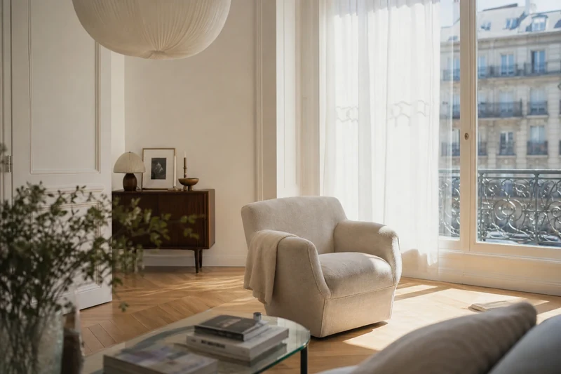 Intérieur d'appartement français rafraîchi par une protection solaire extérieure