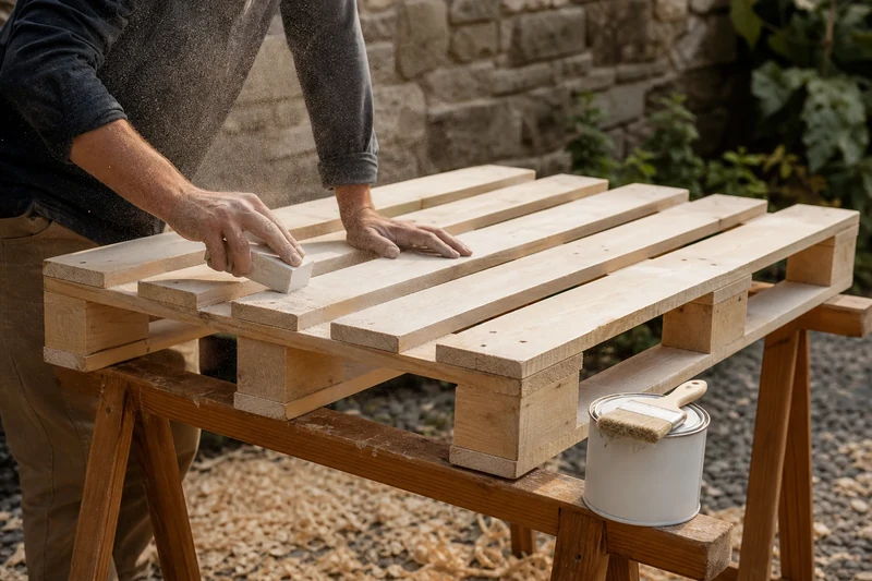 Ponçage d'une palette marquage HT avant peinture pour fabriquer un panneau anti-chaleur