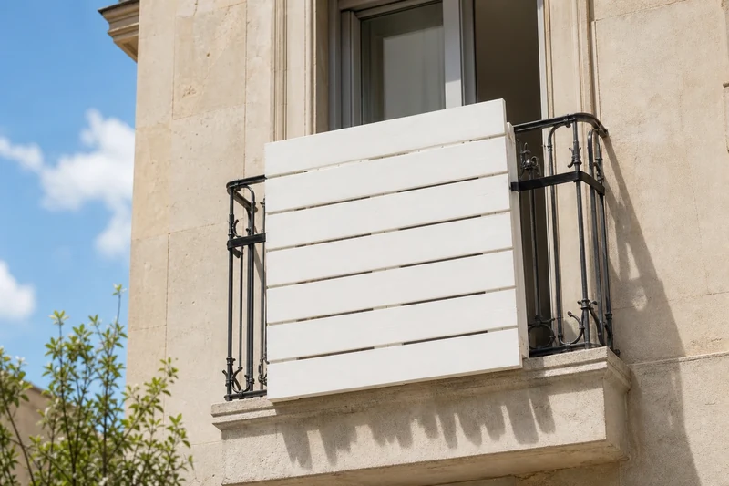 Panneau palette blanc fixé sans perçage avec sangles à cliquet sur un balcon parisien