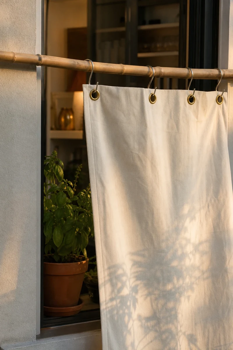 Rideau de toile claire à œillets laiton suspendu à l'extérieur d'une fenêtre pour filtrer le soleil