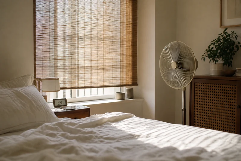 Chambre fraîche à 24 °C grâce au volet bambou DIY déroulé en pleine chaleur