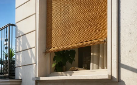 Store à lattes de bambou DIY fixé à l'extérieur d'une fenêtre française pour bloquer la chaleur estivale