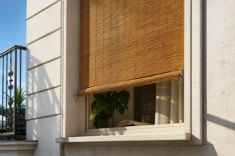 Store à lattes de bambou DIY fixé à l'extérieur d'une fenêtre française pour bloquer la chaleur estivale