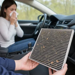Filtre d'habitacle encrassé de pollen et de feuilles tenu dans une voiture, conductrice qui éternue à l'arrière-plan