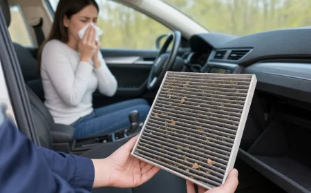 Filtre d'habitacle encrassé de pollen et de feuilles tenu dans une voiture, conductrice qui éternue à l'arrière-plan