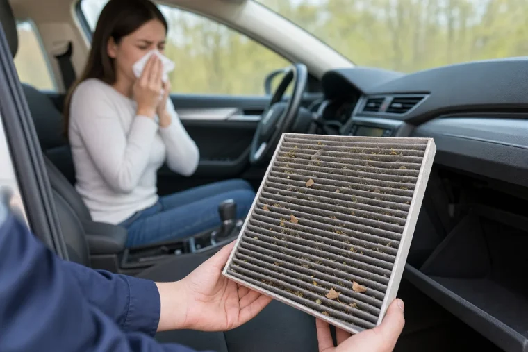 Filtre d'habitacle encrassé de pollen et de feuilles tenu dans une voiture, conductrice qui éternue à l'arrière-plan