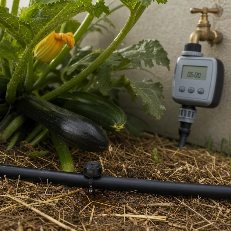 Goutte-à-goutte programmé à 6 h au potager avec paillage de paille