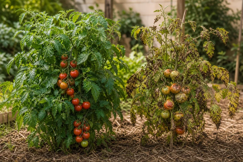 Comparaison plants de tomate arrosés matin versus soir, effet du mildiou