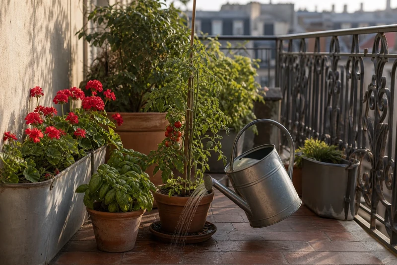 Arrosage matinal des plantes en pot sur un balcon parisien pendant la canicule