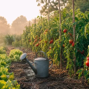 Potager arrosé au pied tôt le matin pendant une canicule, tomates et salades sur terre paillée