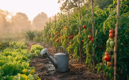 Potager arrosé au pied tôt le matin pendant une canicule, tomates et salades sur terre paillée