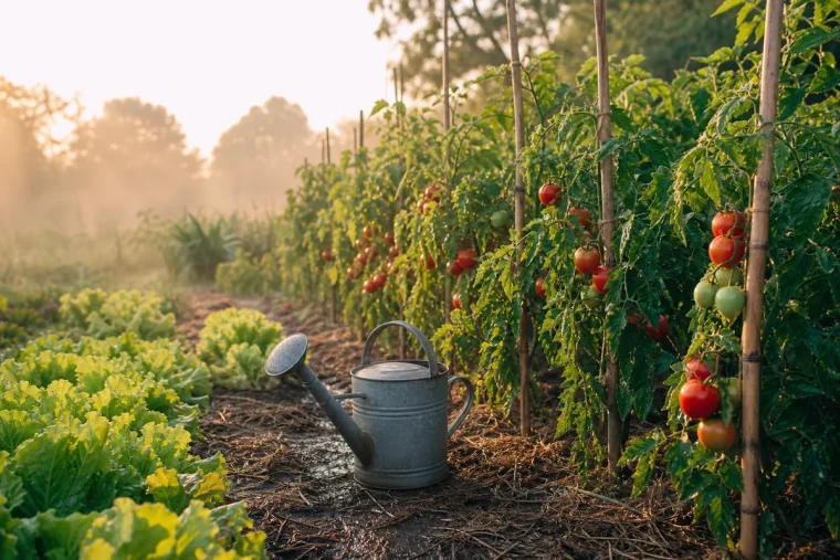 Potager arrosé au pied tôt le matin pendant une canicule, tomates et salades sur terre paillée