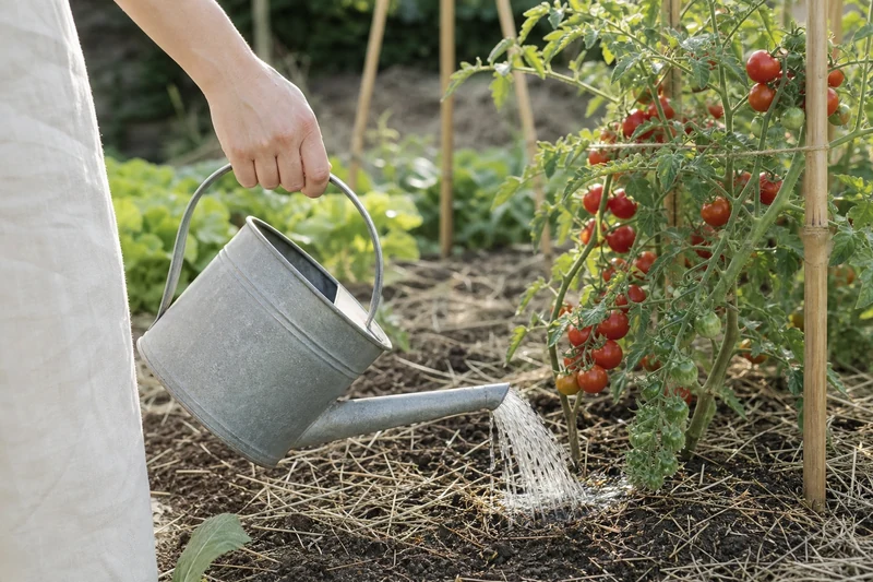 Arrosage au pied d'un pied de tomate cerise avec un arrosoir en zinc, feuillage tenu au sec.