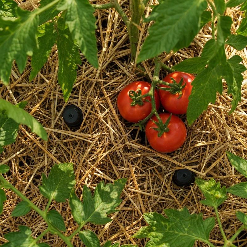 Vue de dessus d'un pied de tomate paillé avec goutteurs noirs, feuillage sec et fruits mûrs.