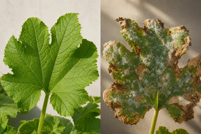 Feuille de courgette saine à gauche, feuille attaquée par oïdium et mildiou à droite, comparaison.