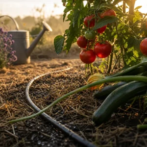 Potager français arrosé au goutte-à-goutte à l'aube, tomates et courgettes paillées, lumière dorée.