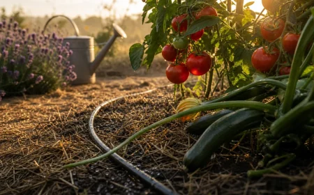 Potager français arrosé au goutte-à-goutte à l'aube, tomates et courgettes paillées, lumière dorée.
