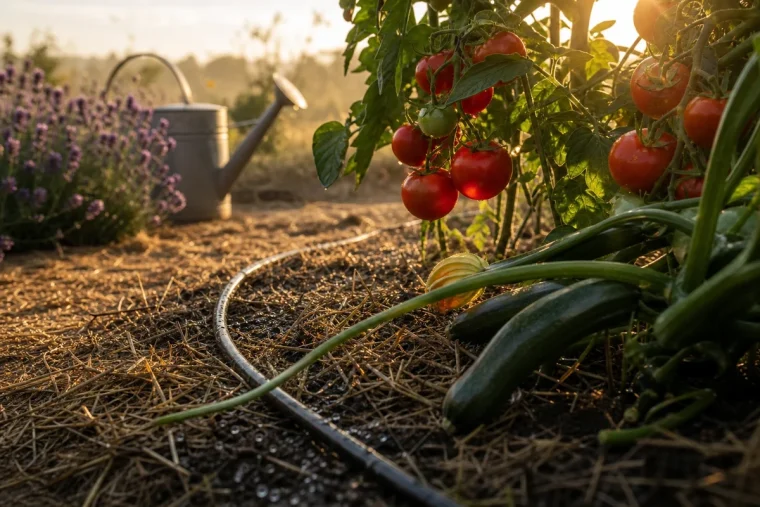 Potager français arrosé au goutte-à-goutte à l'aube, tomates et courgettes paillées, lumière dorée.
